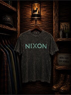 Nixon Mens Medium Black Distress Tee with Mint Logo - Short Sleeve
